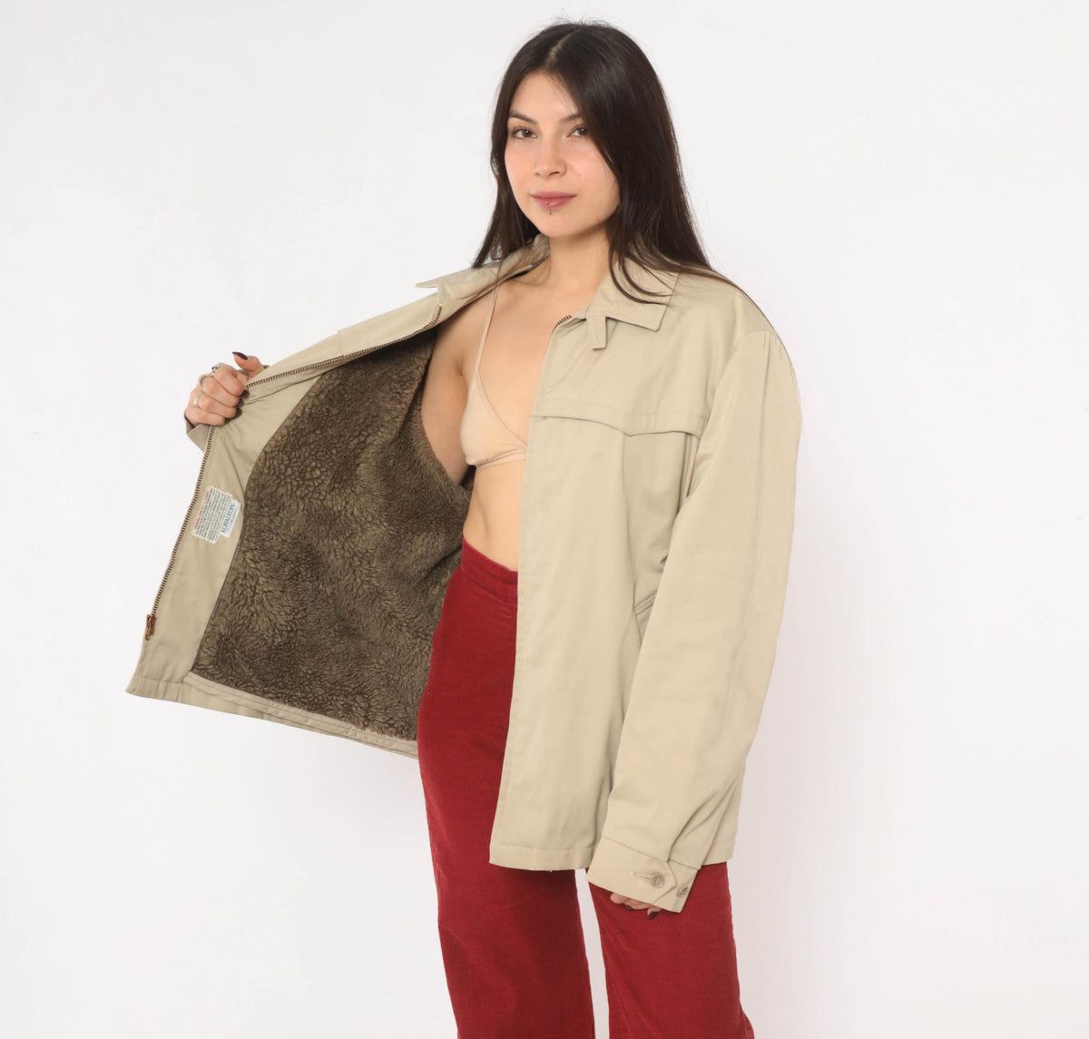 80s Sears Beige Harrington Jacket Western Yoke Pointed Collar Unisex Large