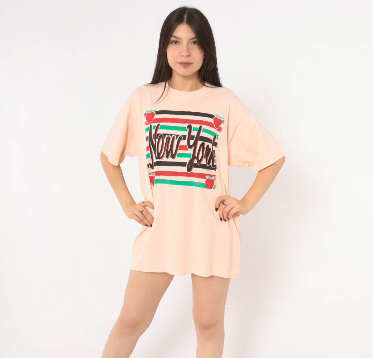 90s New York Souvenir Tee Pink Graphic Apple Stripe Crewneck Extra Large XL