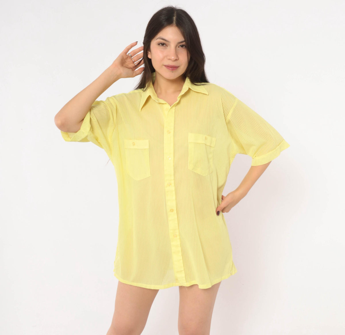 70s Jean Phillipe Yellow Striped Button-Up Shirt Pointed Collar Sheer Large