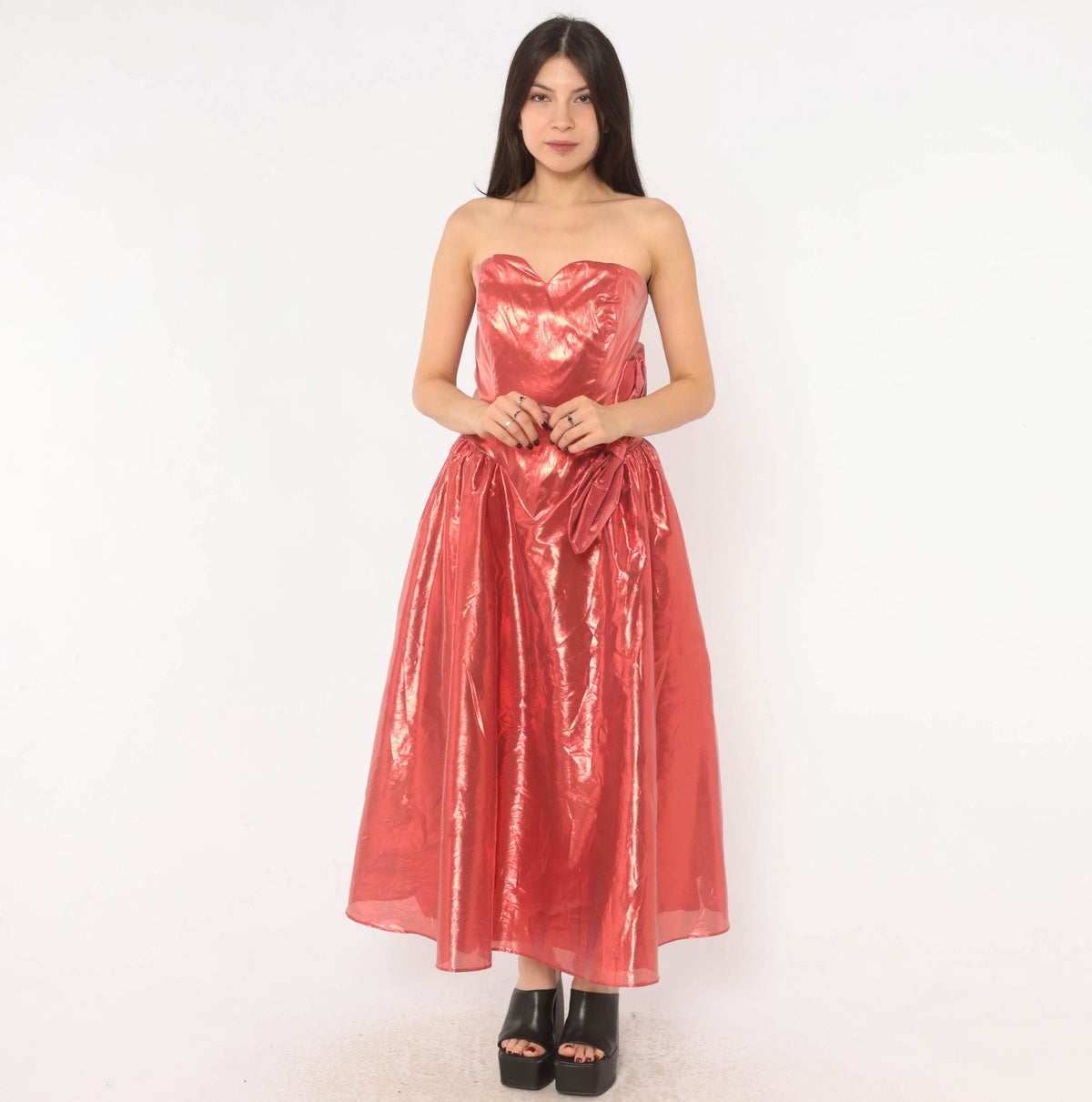 80s Nadine Formals Metallic Red Strapless Party Dress Sweetheart Neckline Medium M
