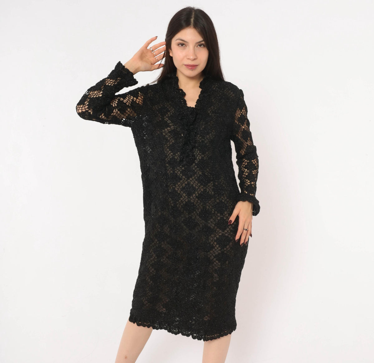70s Black Crochet Lace Dress Metallic Sparkle Long Sleeve Knee-Length Small