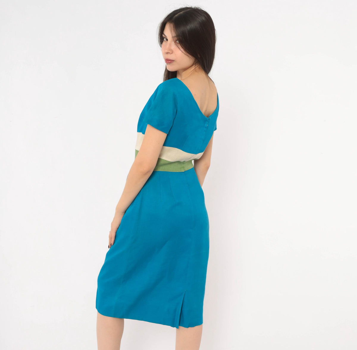 60s Teal Linen Sheath Dress Color Block Cream Olive Boat Neck Small