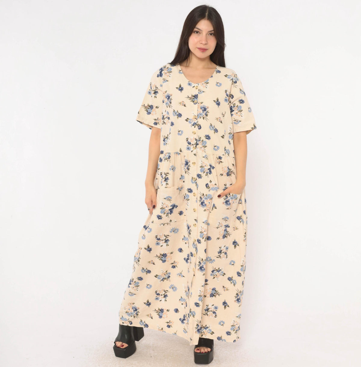 90s Studio C Floral Linen Maxi Dress Cream Navy Plus Size XXL