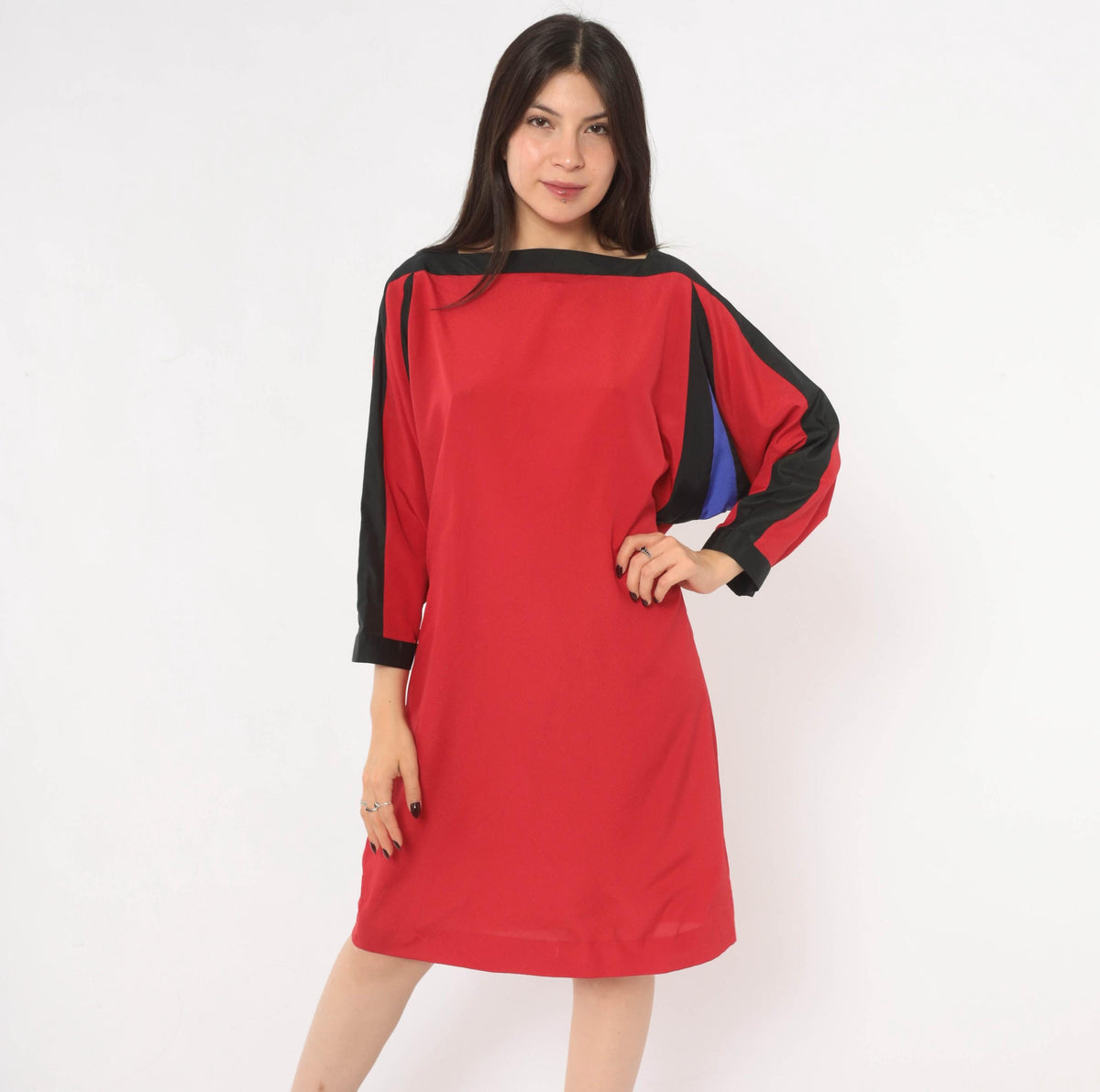 80s Red Color Block Shift Dress Batwing Dolman Sleeve Boat Neck Medium