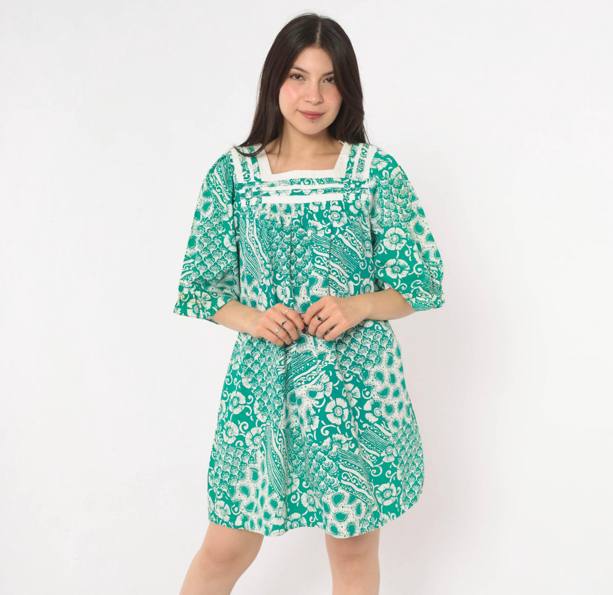 90s Expressions Teal Batik Floral Cotton Dress Square Neck Puff Sleeve Medium M
