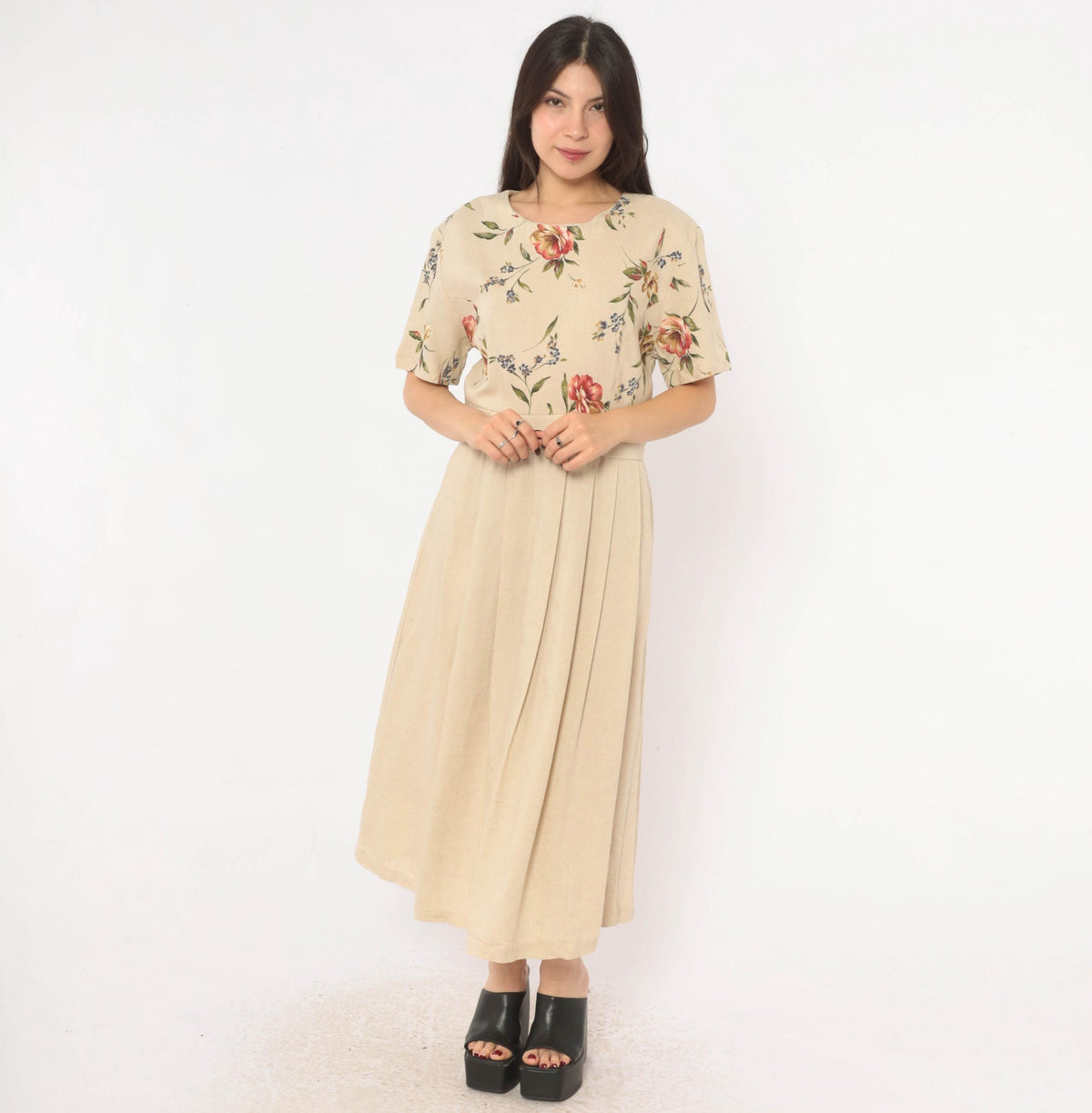 90s Just in Thyme Floral Midi Dress Cream Rose Print A-Line Large L