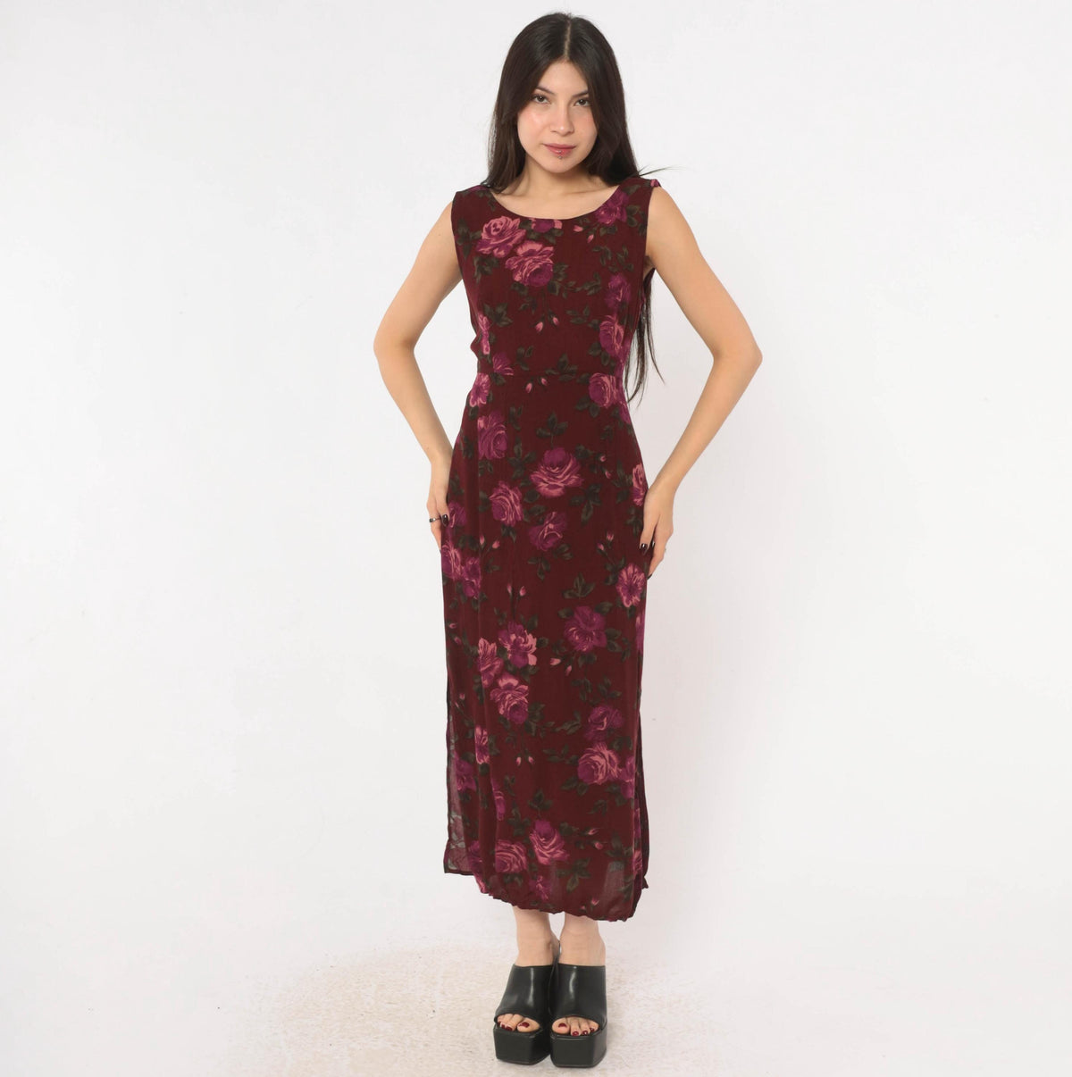 90s Chadwick's Burgundy Floral Midi Dress Sleeveless Tie Back Medium M