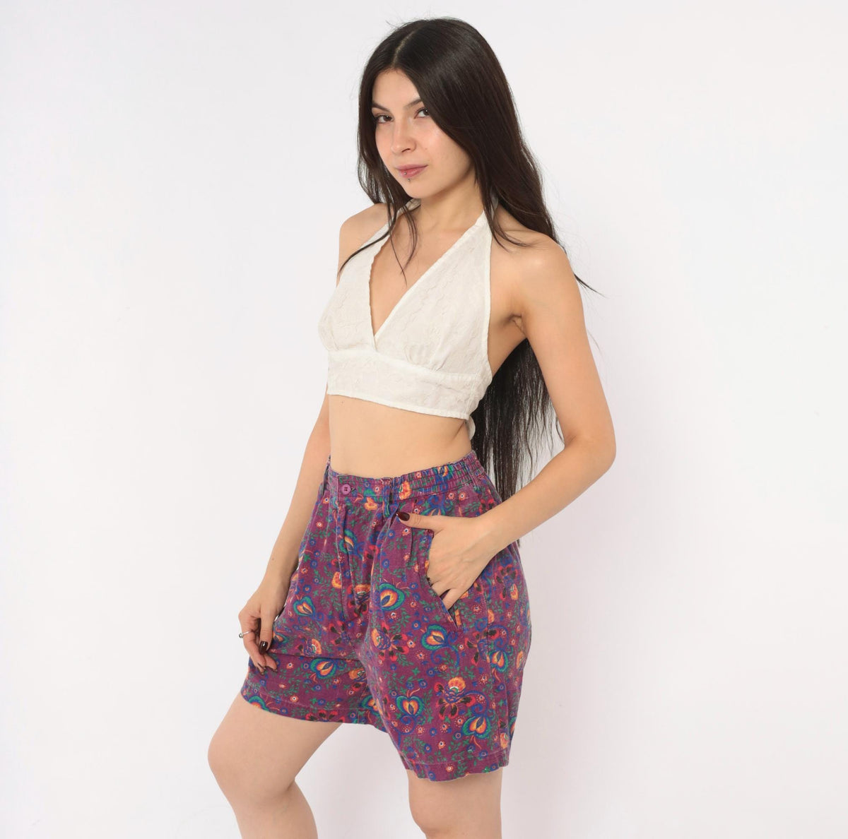 90s Gitano Purple Floral Linen Shorts High Waist Pleated Wide Leg Small