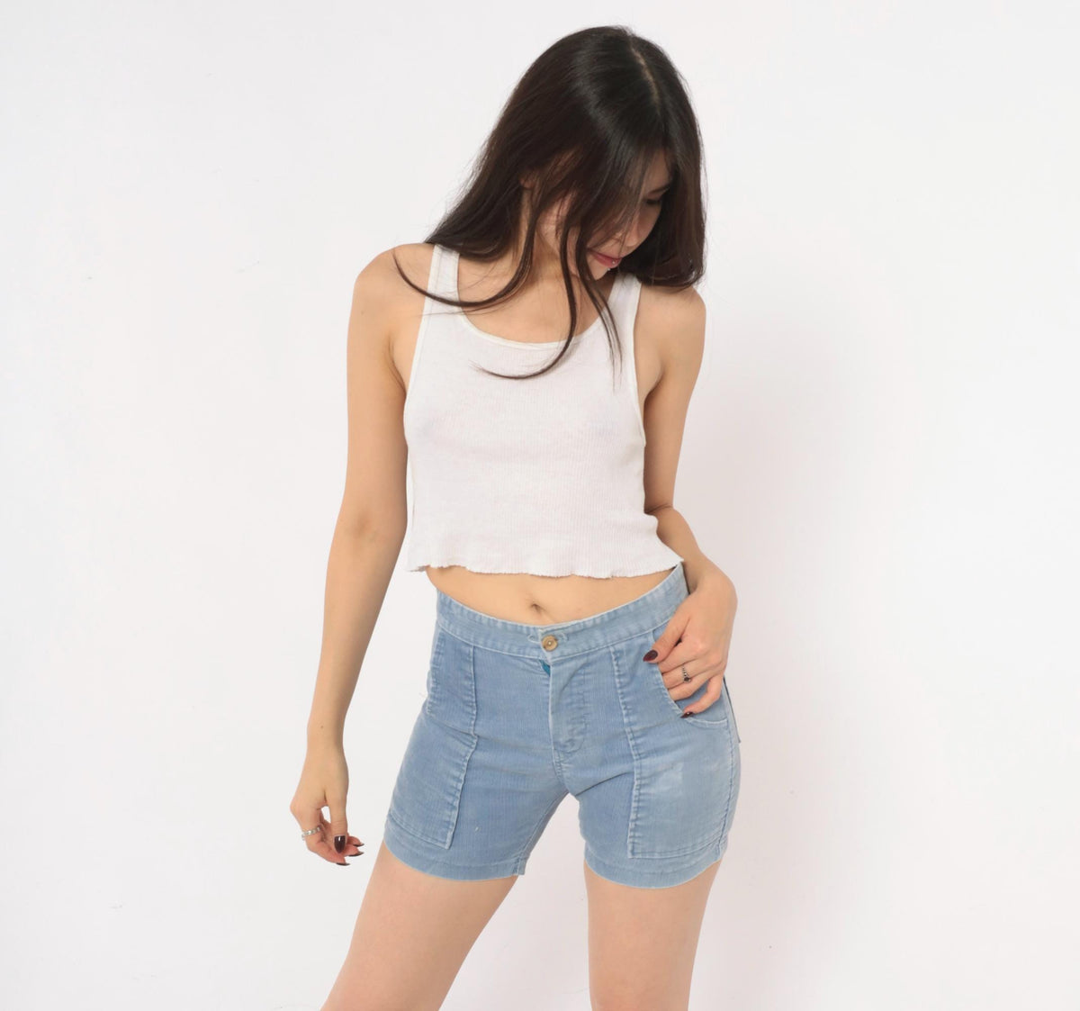 80s Towncraft Light Blue Corduroy Shorts High Waisted Cuffed Cotton Extra Small XS