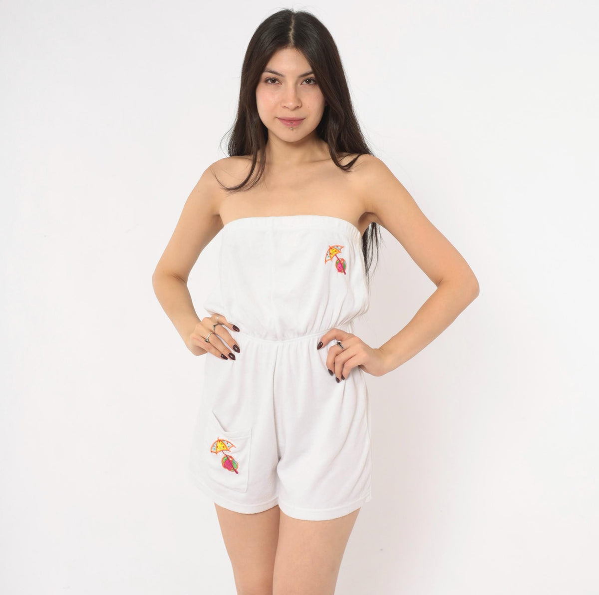 80s Bobbie Brooks White Strapless Terry Cloth Romper Umbrella Embroidered Small