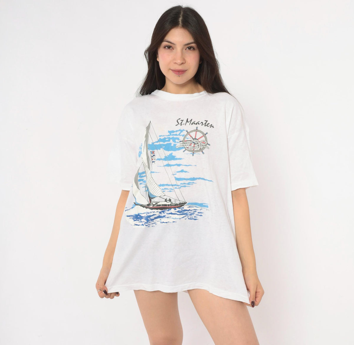 90s Trade Winds St. Maarten Sailboat Graphic Tee White Cotton Large