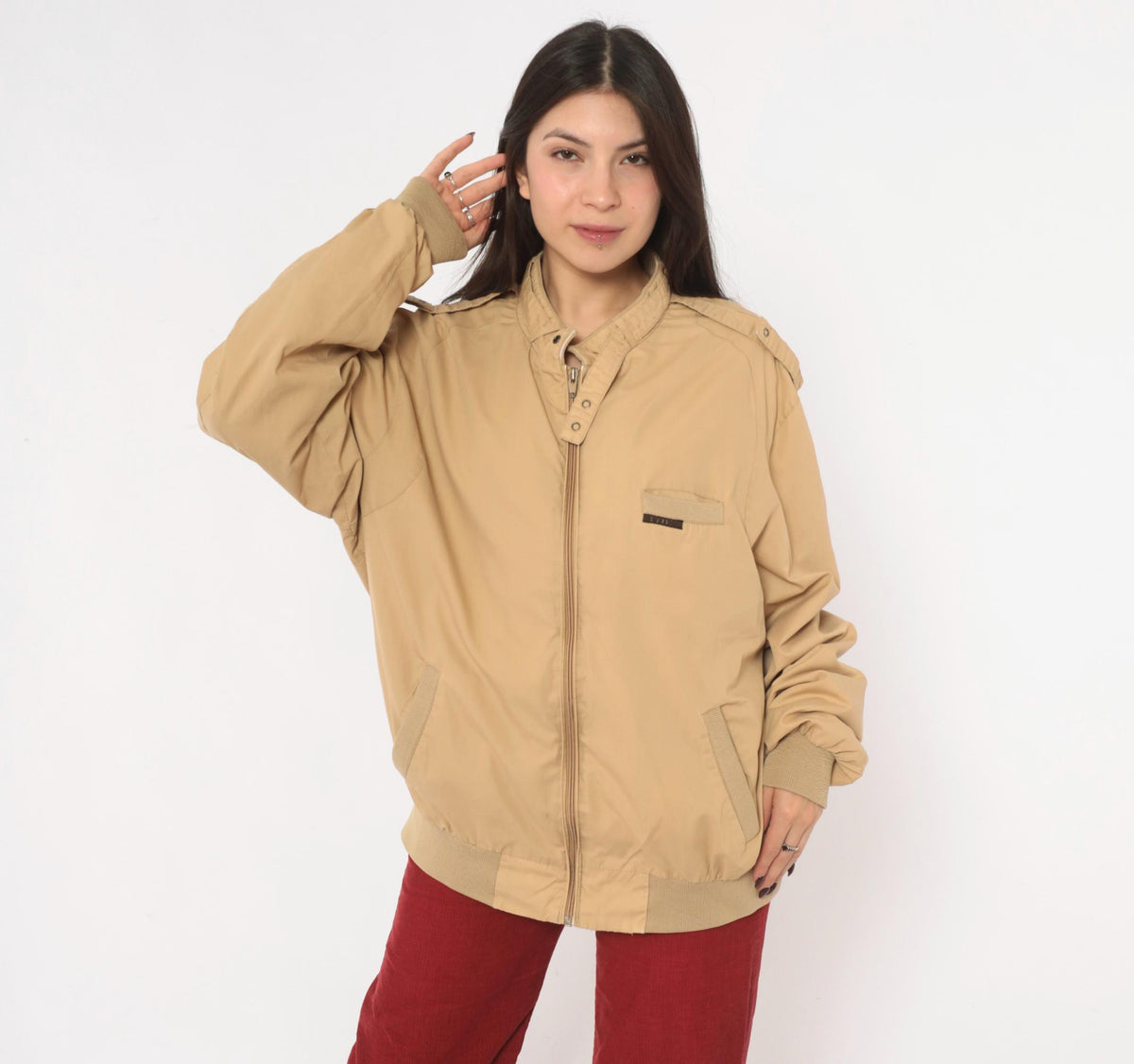 80s Members Only Bomber Jacket Beige Tan Snap Collar Raglan Extra Large