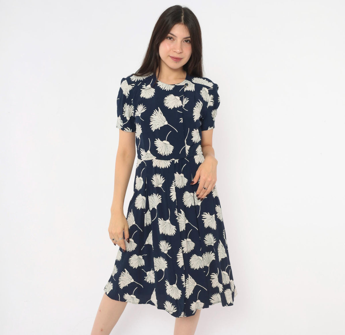 90s Liz Claiborne Navy Floral Dress White Daisy Print Puff Sleeve Small S