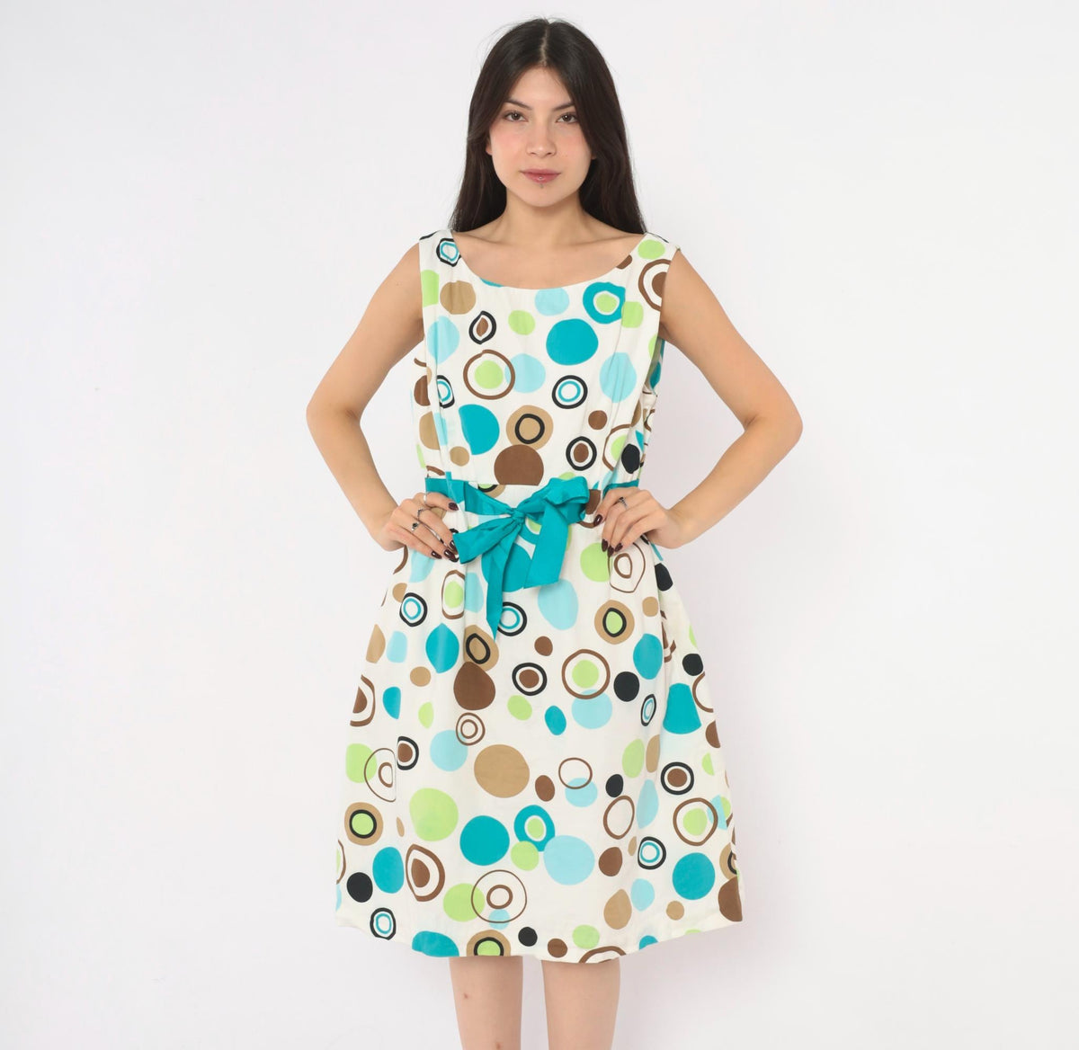 90s Jessica Howard White Polka Dot Sundress Teal Green Brown Knee-Length Large L