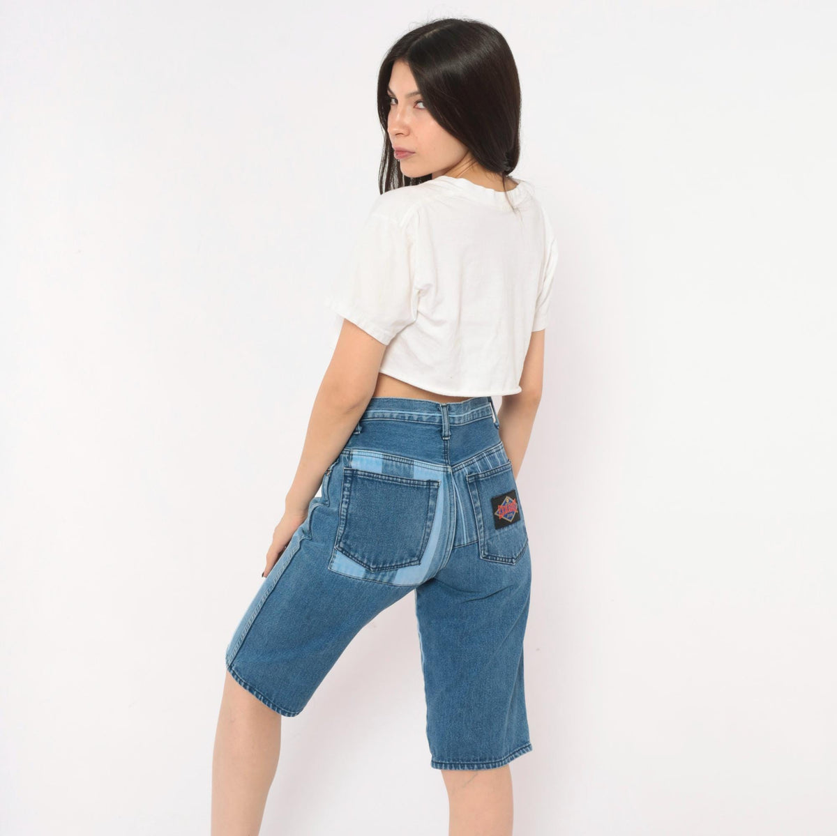 90s Exhaust Jeans Striped Denim Shorts Blue White Vertical Stripe High Waist Knee Length Small S