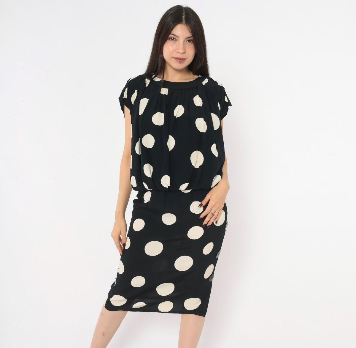 90s Chetta B Polka Dot Midi Dress Black Cream Cap Sleeve Small S