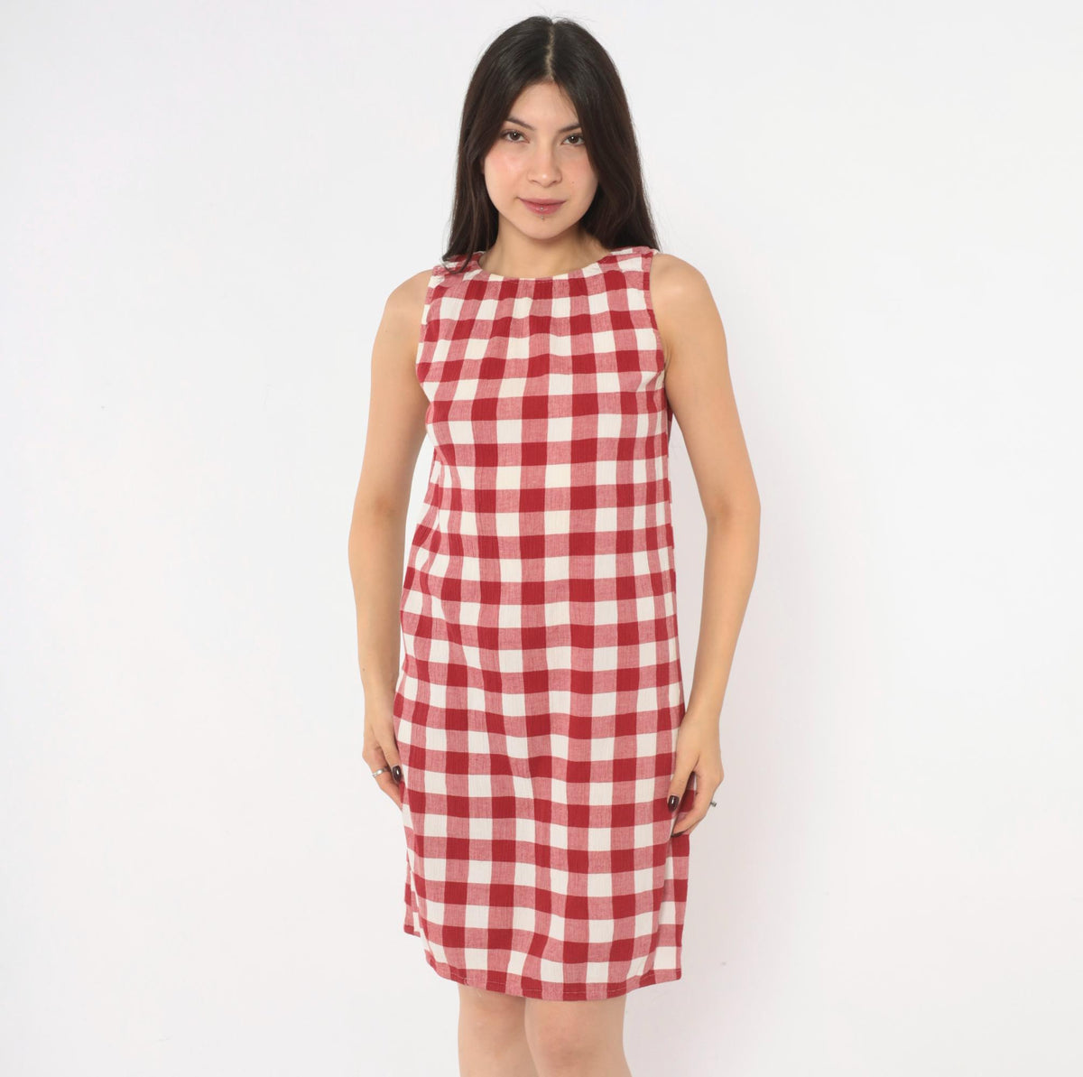 Y2K Red Gingham Sleeveless A-Line Dress Knee Length Medium M
