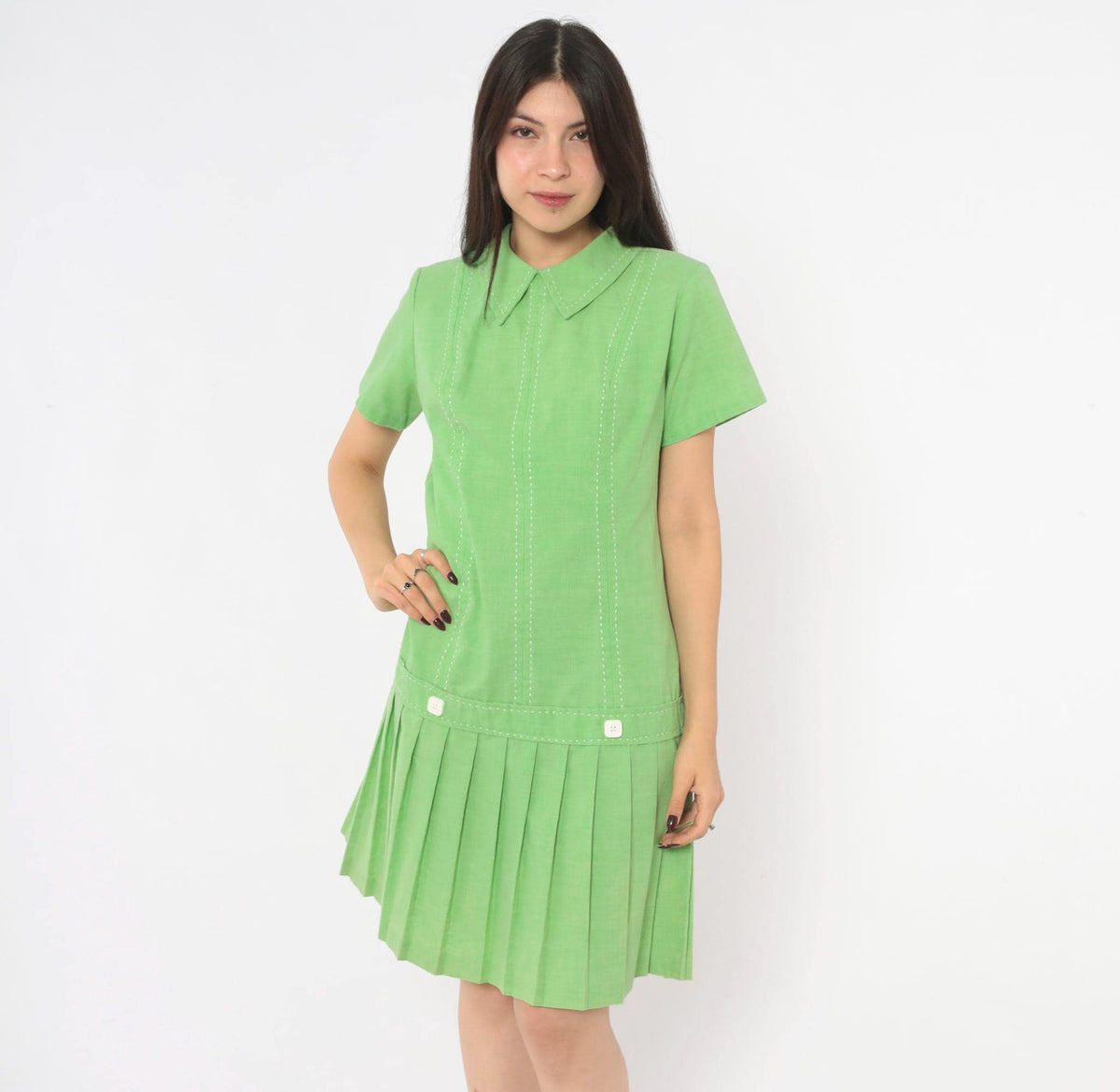 60s Mod Lime Green Shift Dress Peter Pan Collar Pleated Skirt Medium M
