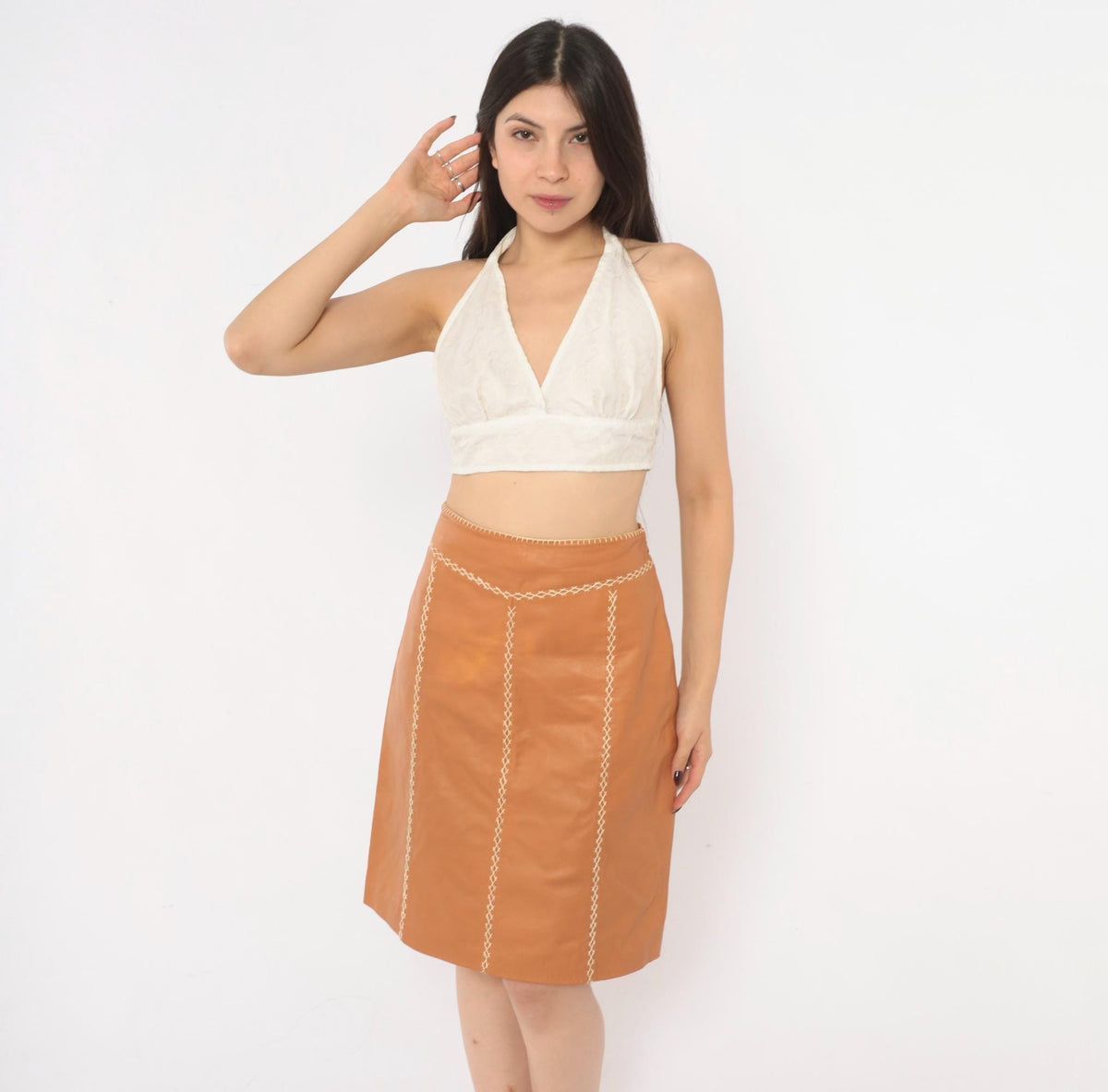 Y2K GAP Tan Leather A-Line Skirt Whipstitch Cream Stitching Small S