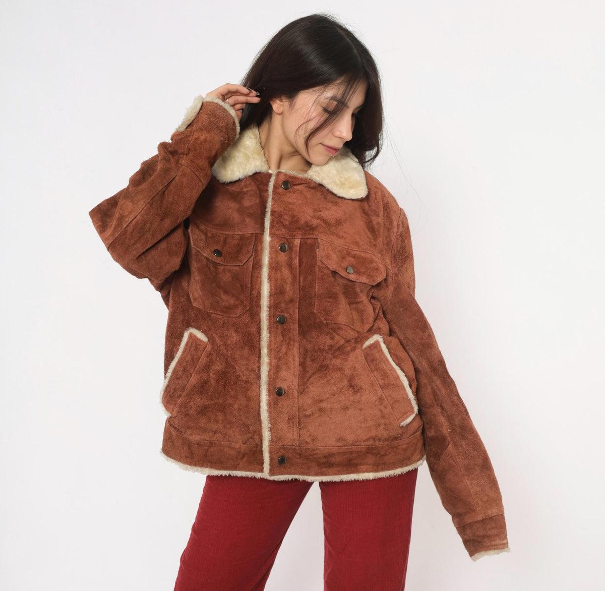 70s Grande Bay Brown Suede Trucker Jacket Shearling Lined Medium