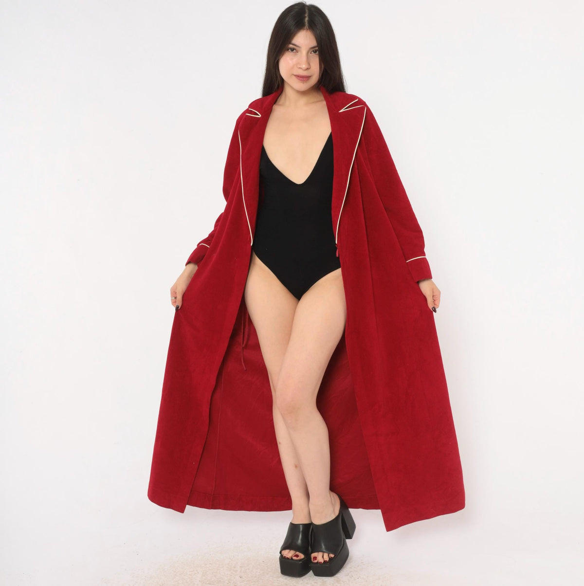 80s Kayser Red Wrap Robe Maxi Dressing Gown White Piping Medium M