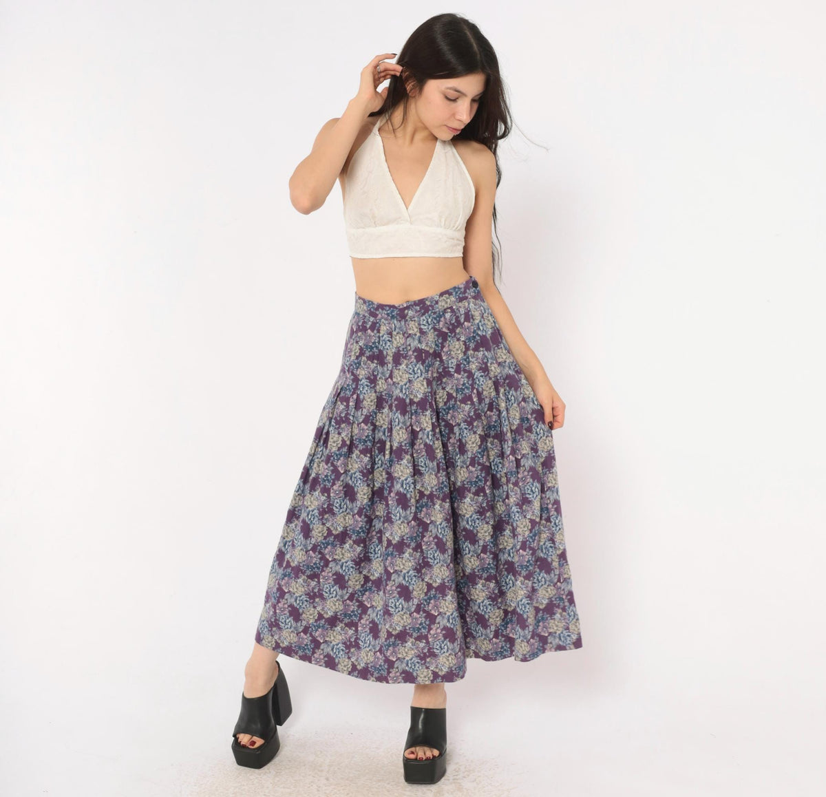 80s Laura Ashley Purple Floral Pleated Skirt High Waist Cotton Wool Small