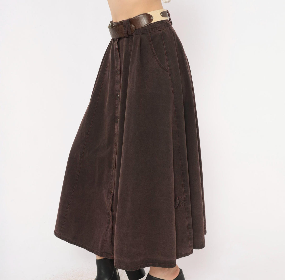 80s Burgundy Cotton Skirt Button Front A-Line High Waist Pockets Small S