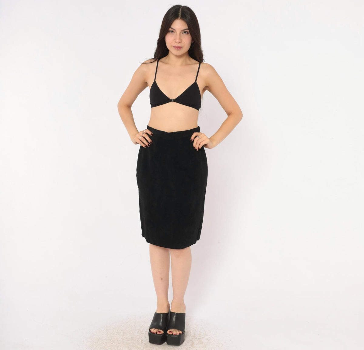 90s Evan Davies Black Suede Mini Skirt Pencil High Waist Small S