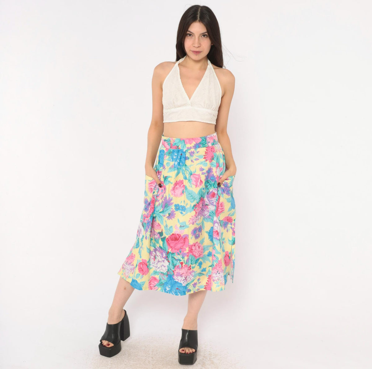 80s Lanzetta Sport Floral Midi Skirt Pink Rose Yellow Cotton High Waist Medium