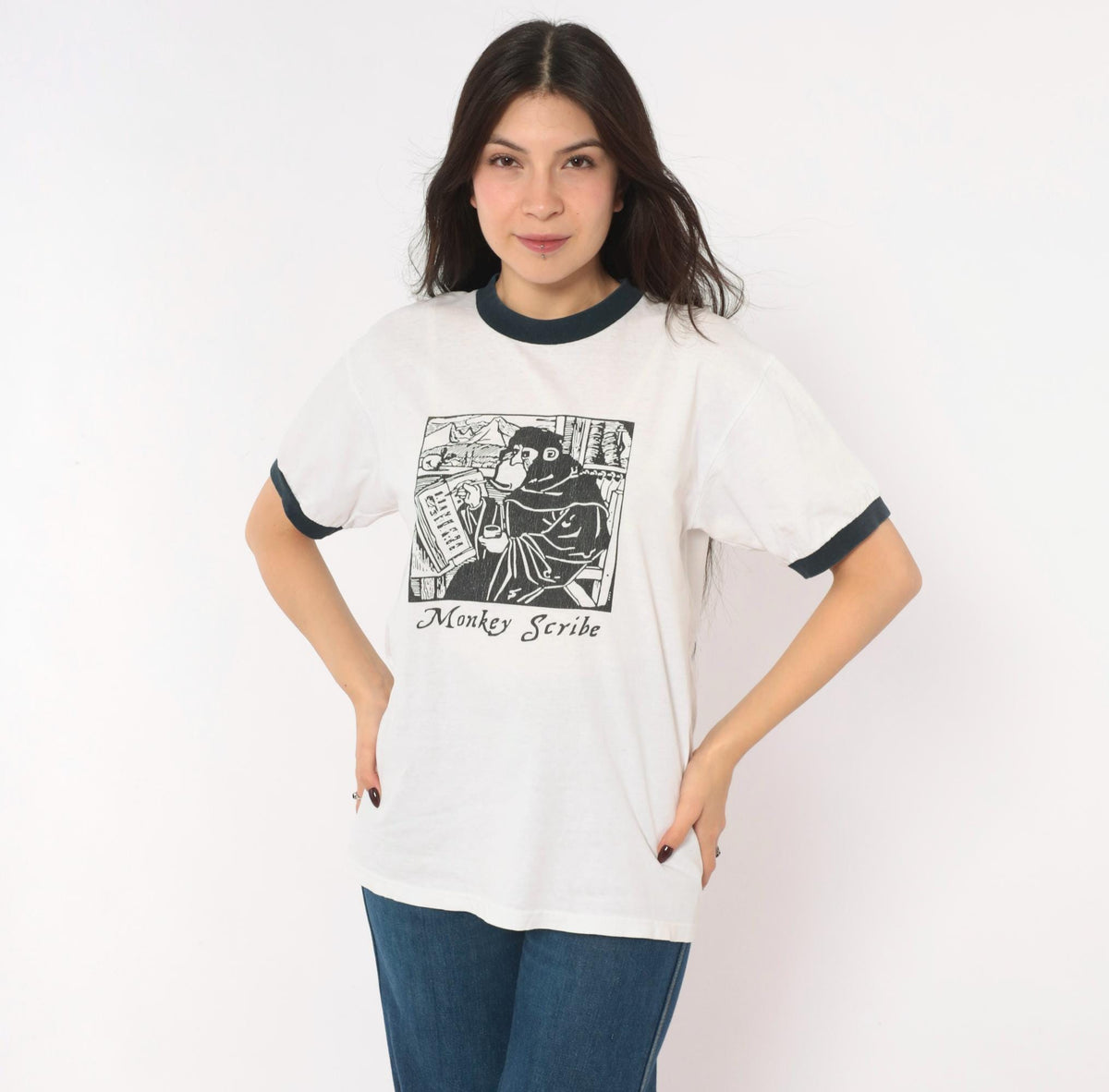 90s Anvil Monkey Scribe Ringer Tee Woodcut Print White Black Small