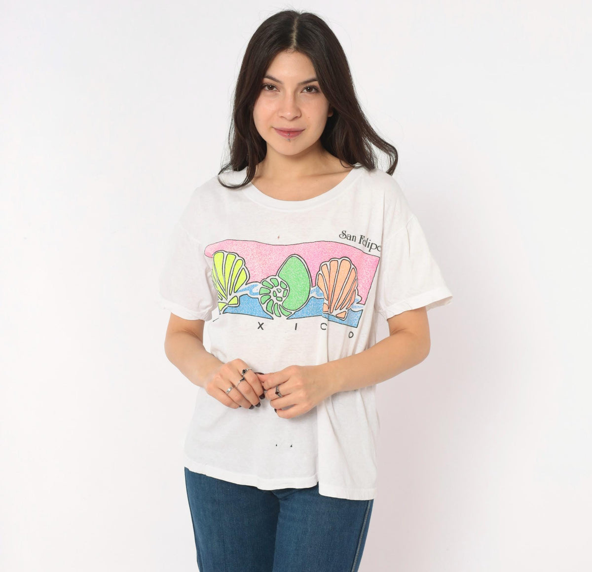 90s San Felipe Mexico Souvenir Tee White Cotton Neon Shell Graphic Medium