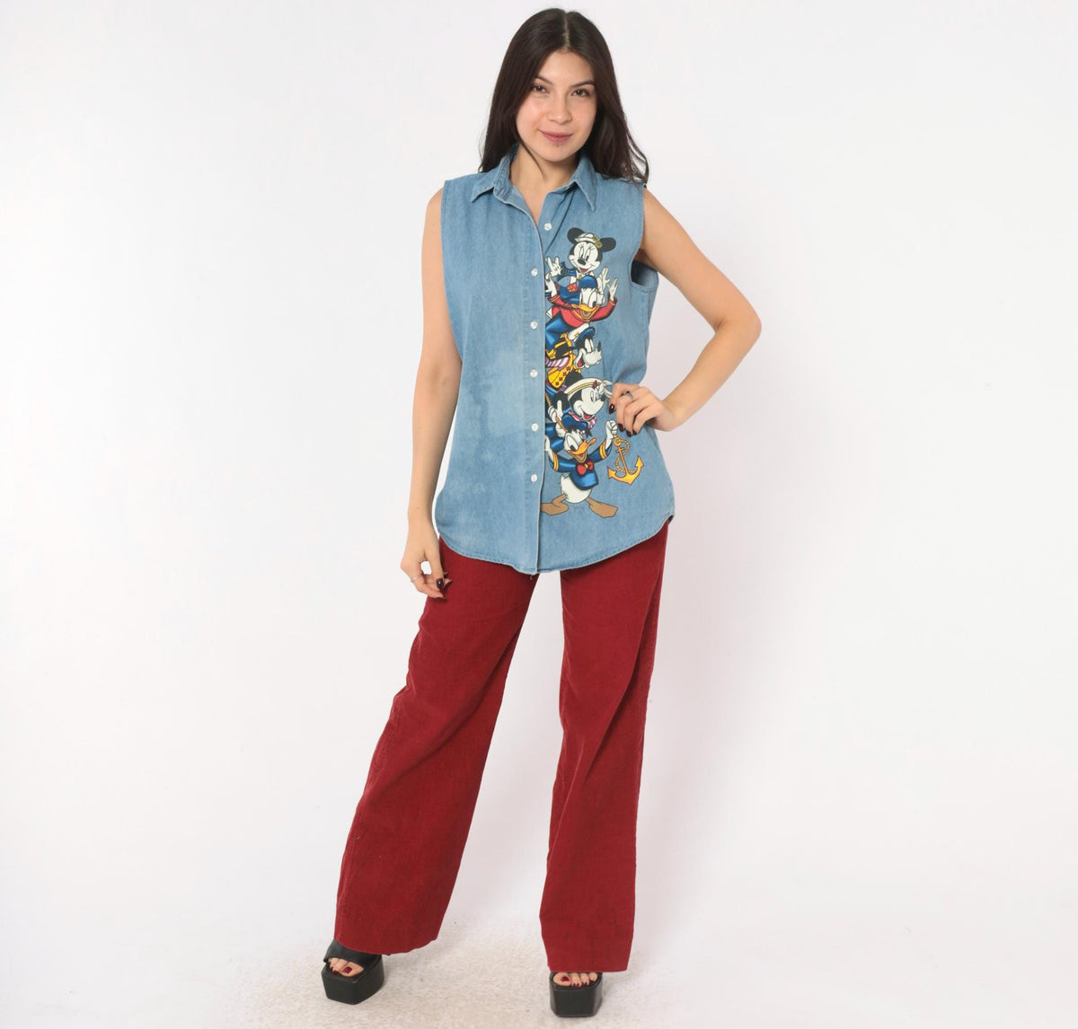 90s Mickey Unlimited Disney Denim Sleeveless Shirt Blue Chambray Medium M