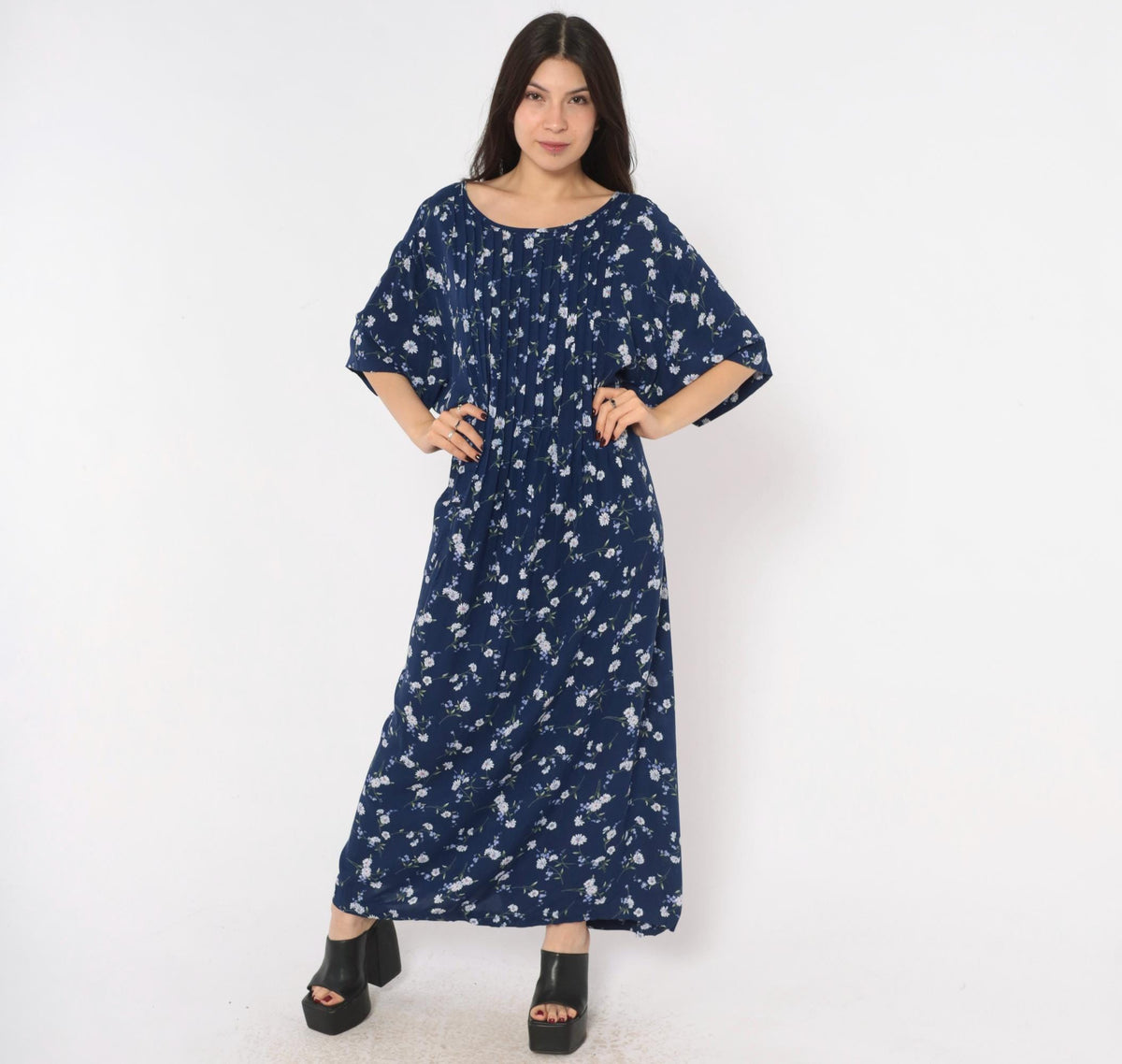 90s Navy Floral Rayon Dress Pintuck Daisy Print Tie Back Ankle Maxi Plus Size 3X