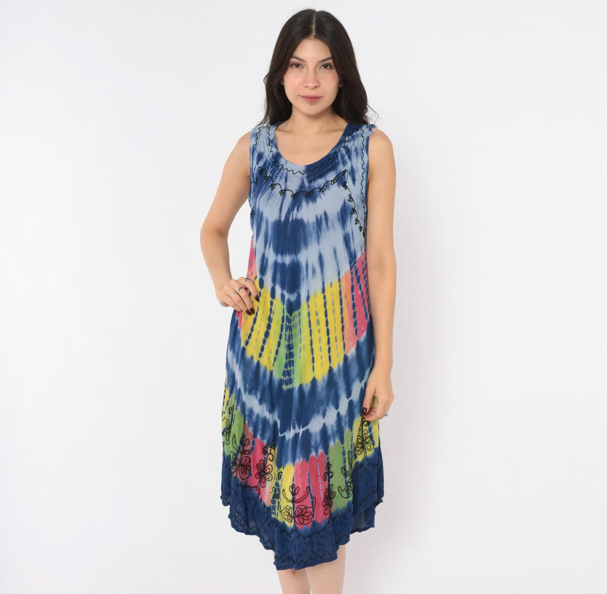 Y2K Tie Dye Sun Dress Blue Rayon Scoop Neck Trapeze Knee Length Small
