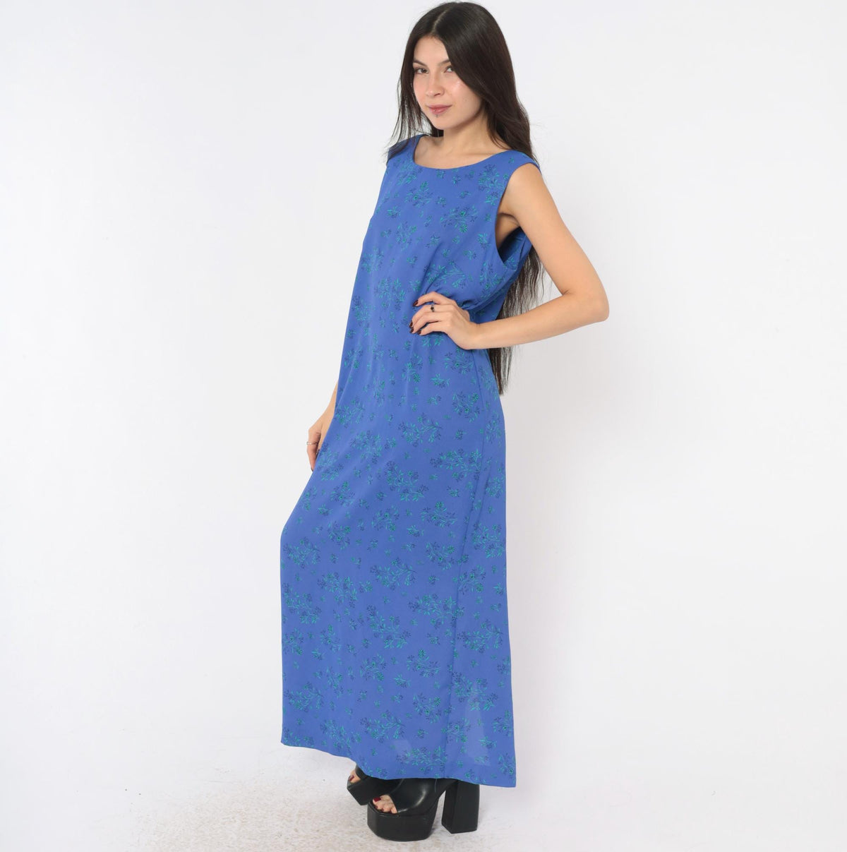 90s Leslie Fay Blue Floral Maxi Dress Sleeveless Scoop Neck Large L