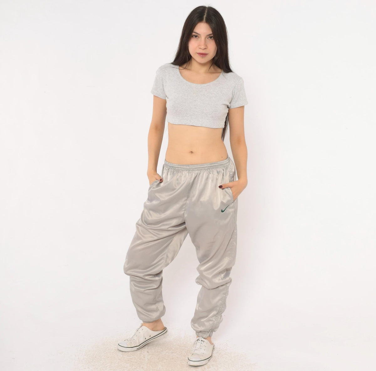 90s Nike Track Pants Grey Nylon Tapered Joggers Ankle Zip Medium M