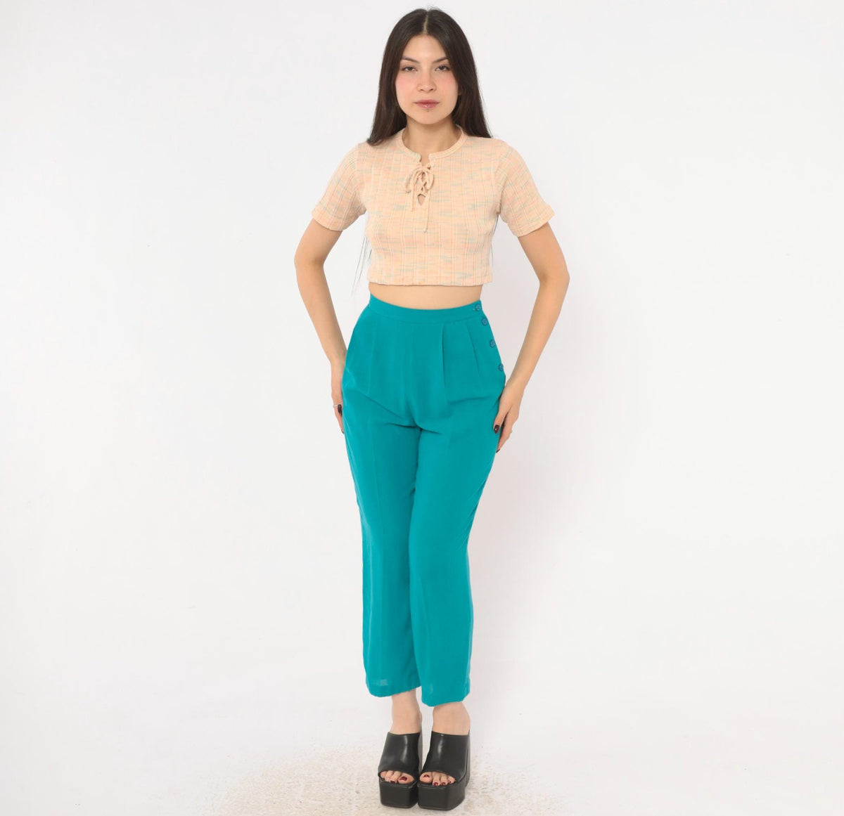 80s Teal Pleated High-Waist Tapered Trousers Prophecy Petites Extra Small