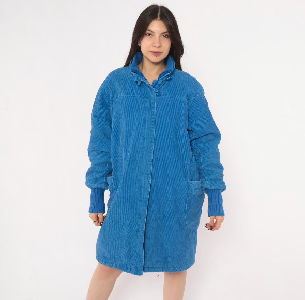 80s Windy Weather Corduroy Coat Blue Zip Front Stand Collar Large L