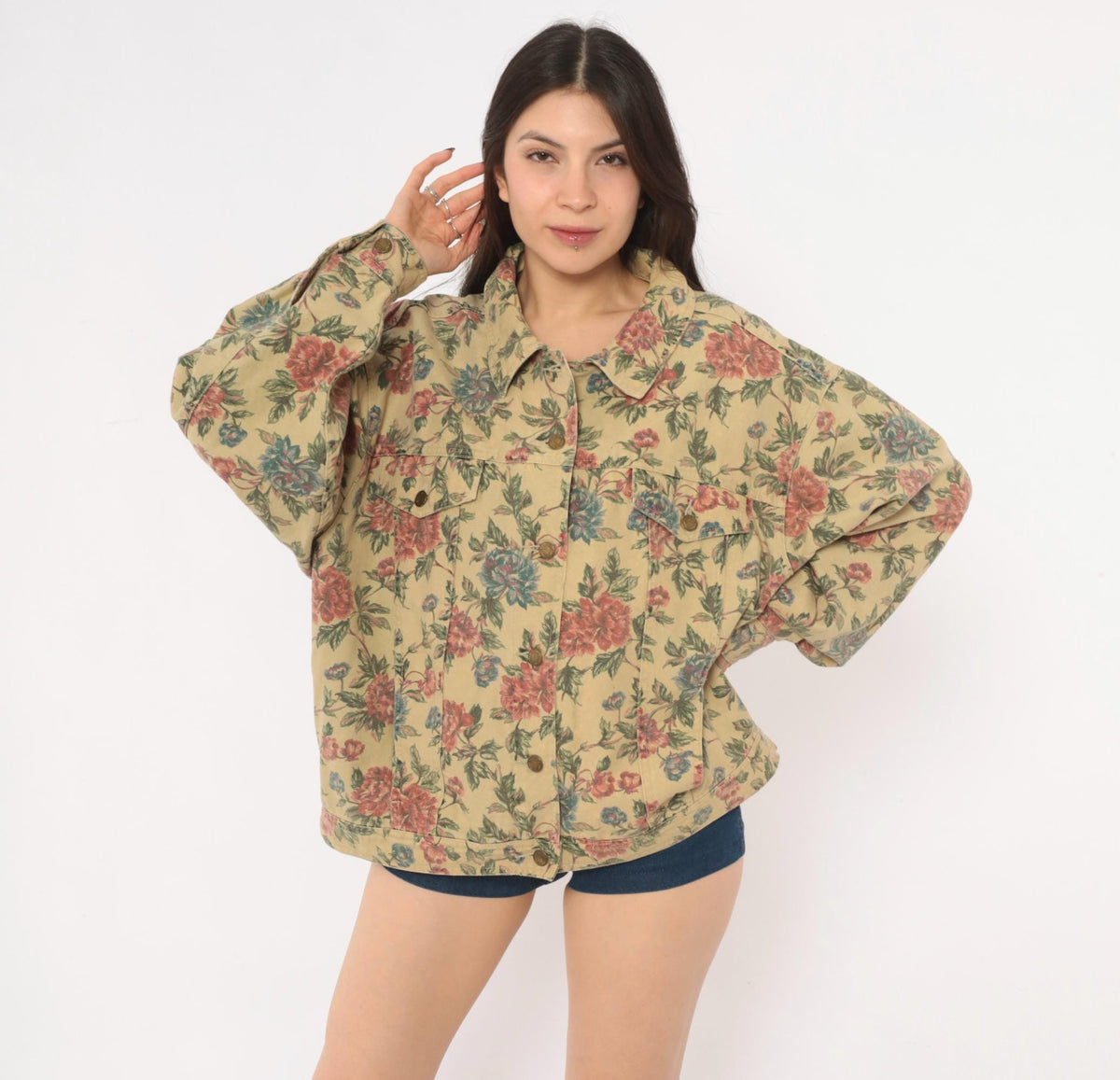 90s Woolrich Floral Denim Jacket Beige Cotton Canvas Pink Rose Print Extra Large XL