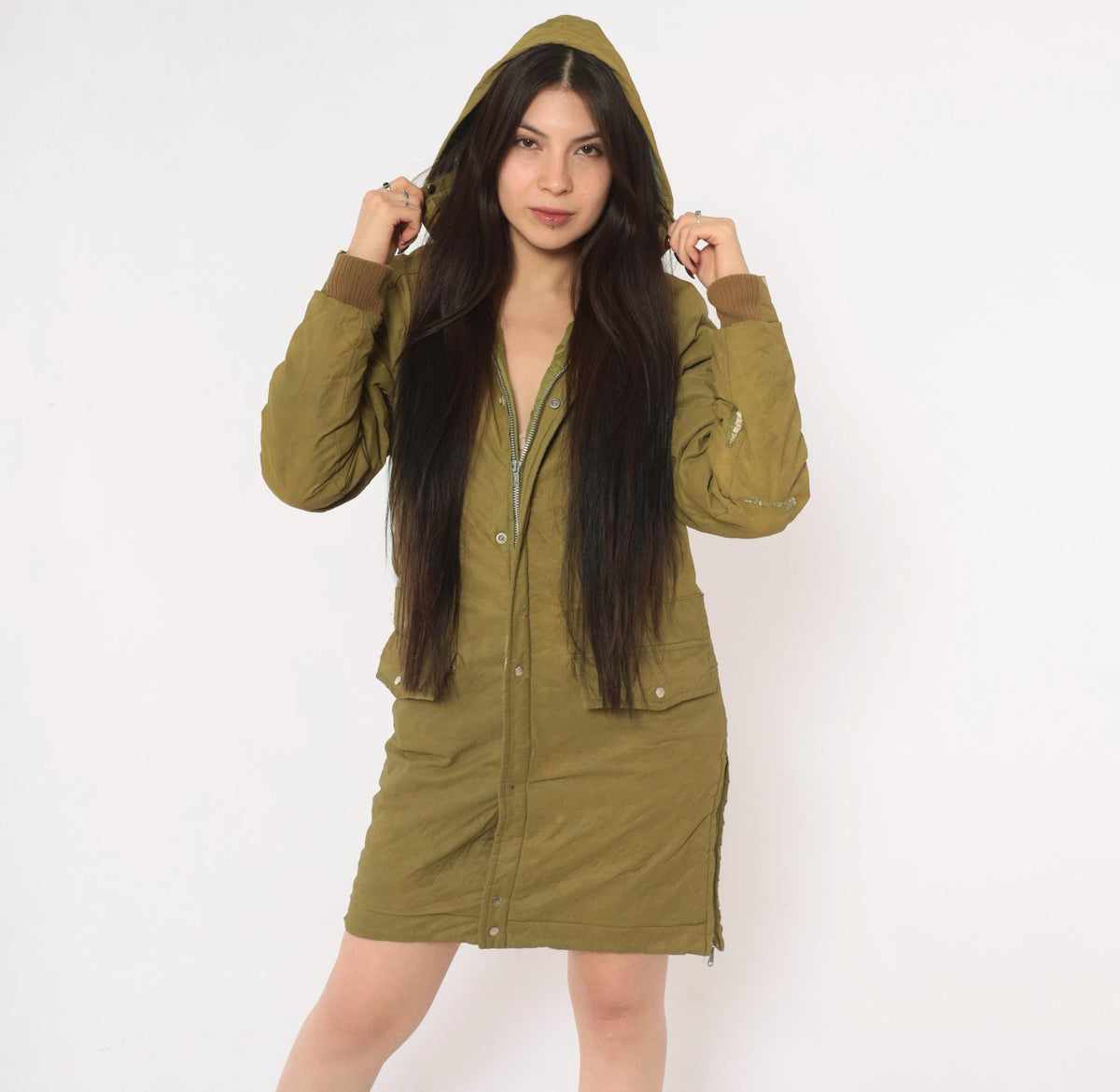 60s Olive Hooded Parka Jacket Nylon Military Field Coat Snap Zip Small