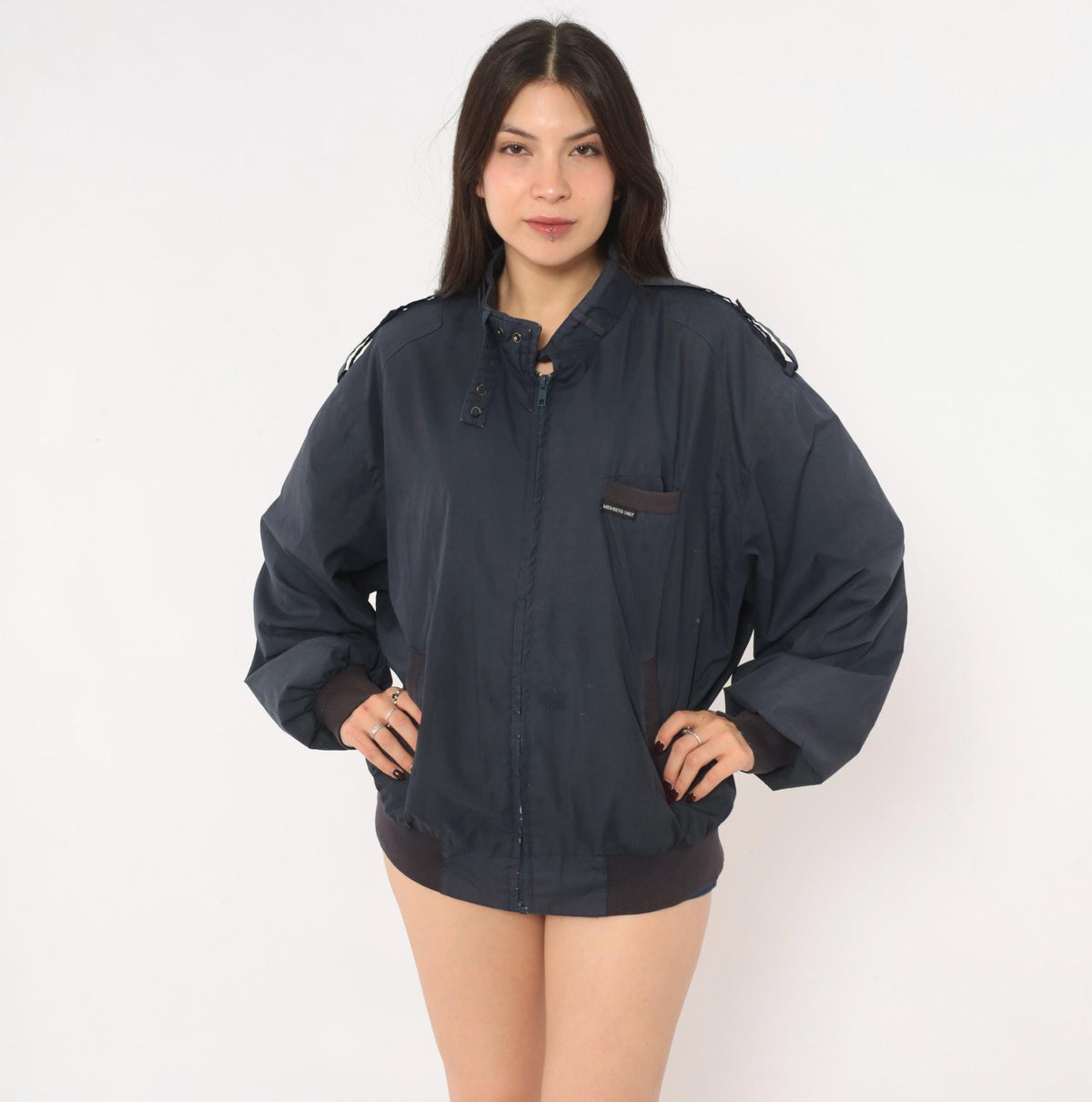 80s Members Only Bomber Jacket Navy Blue Zip Front Stand Collar Large L