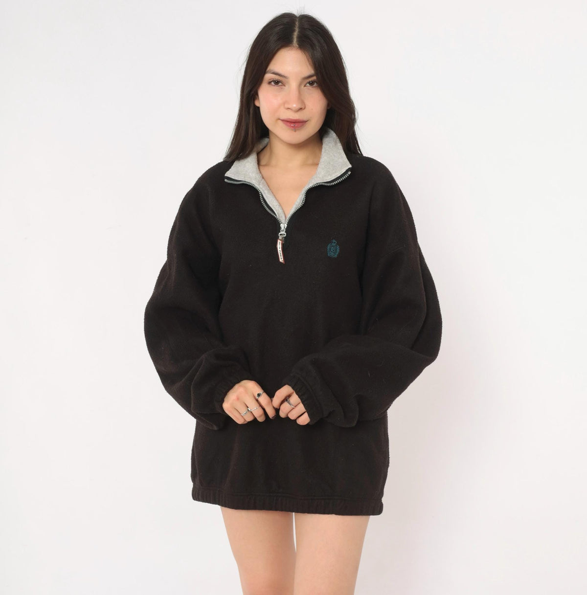 90s Snow Fleece Black Half Zip Pullover Grey Collar Raglan Extra Large XL
