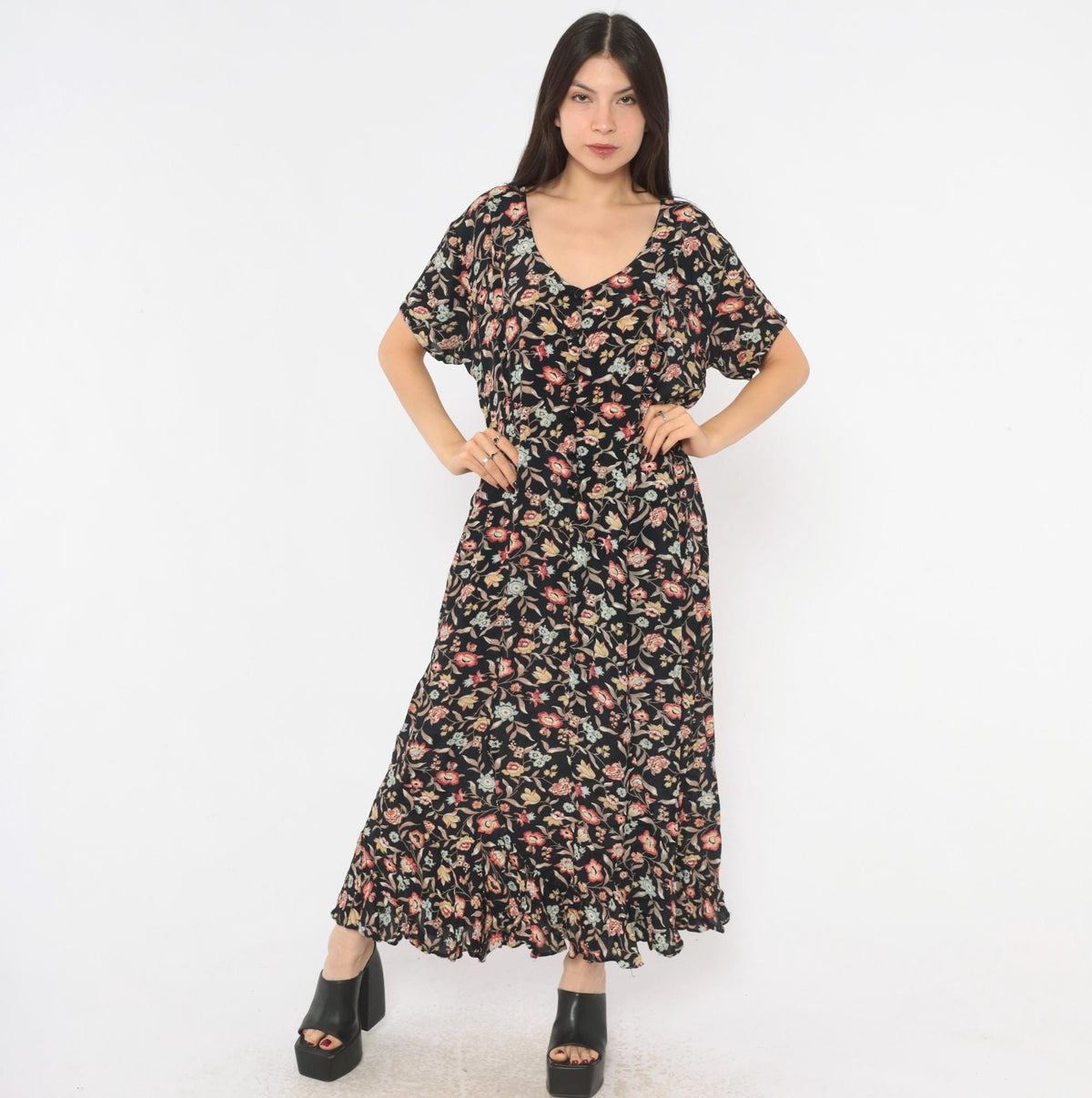 90s Contempo Casuals Black Floral Midi Dress Button Front V Neck Large L