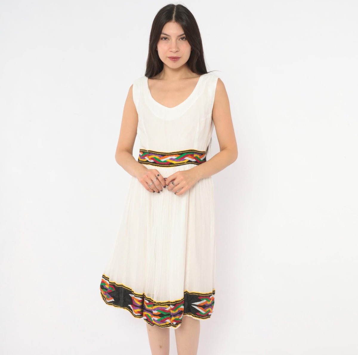 90s White Gauze Knee-Length Dress Ethiopian Habesha Embroidered Tibeb Multicolor Medium