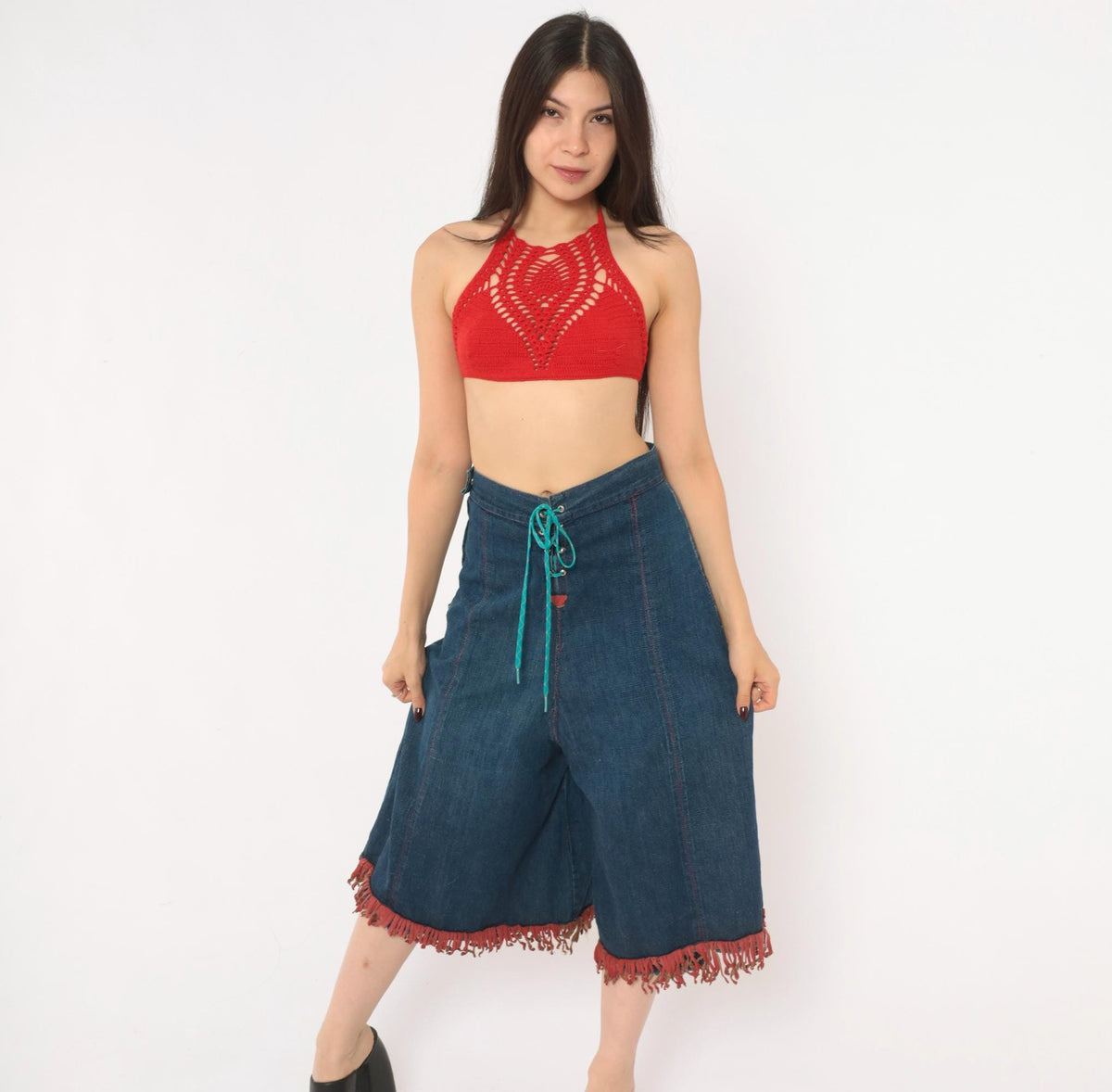 80s Blue Denim Wide Leg Shorts Red Fringe Lace Up Front Studded Medium M