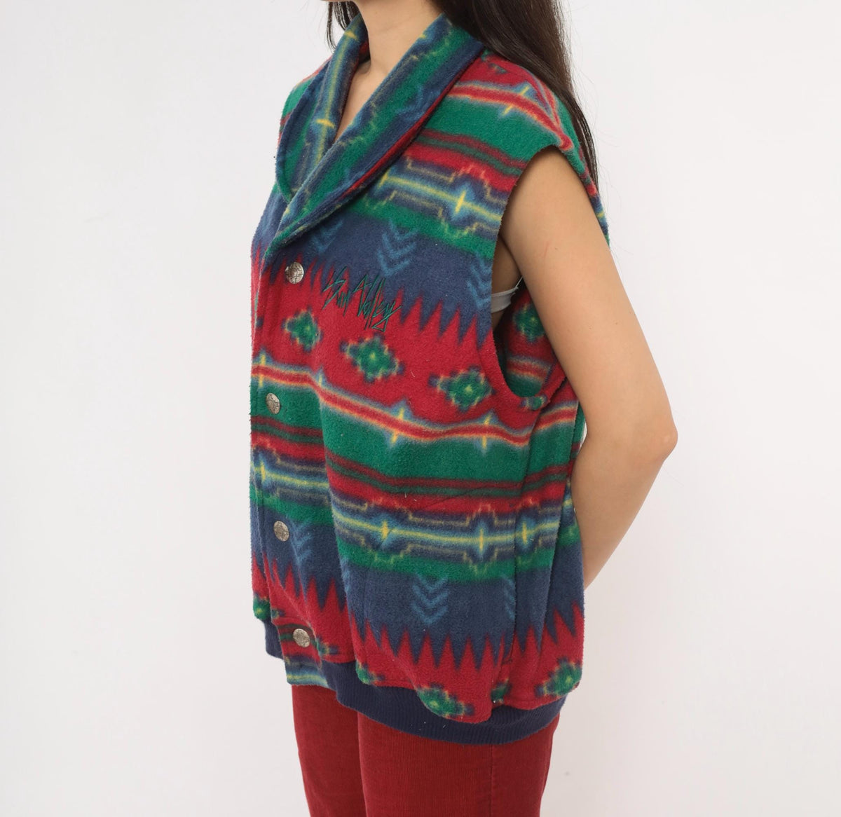 90s Emi Southwestern Fleece Vest Red Blue Geometric Shawl Collar Large L