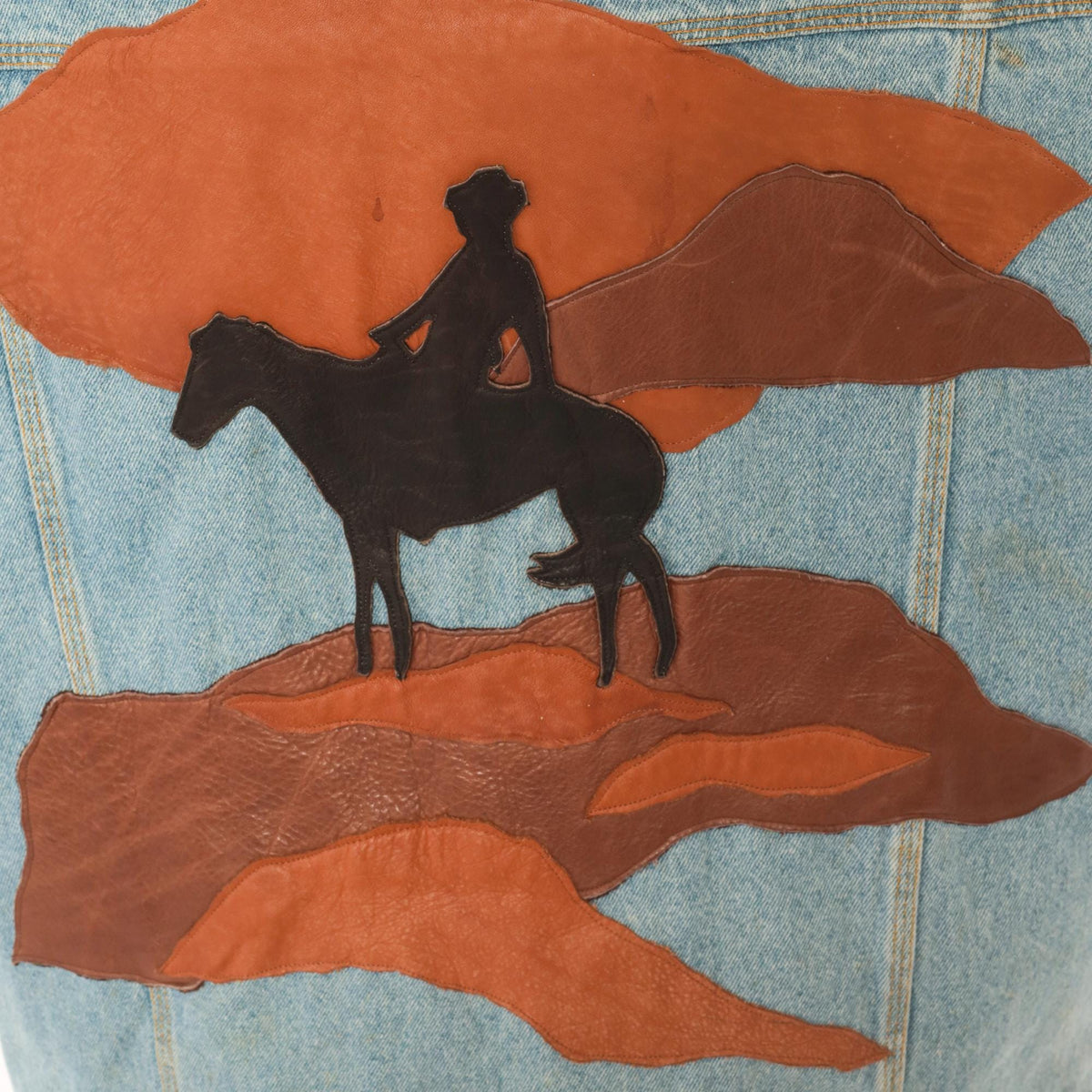 90s Petra C. Wall Denim Jacket Western Leather Cowboy Horse Patchwork Light Blue Medium M