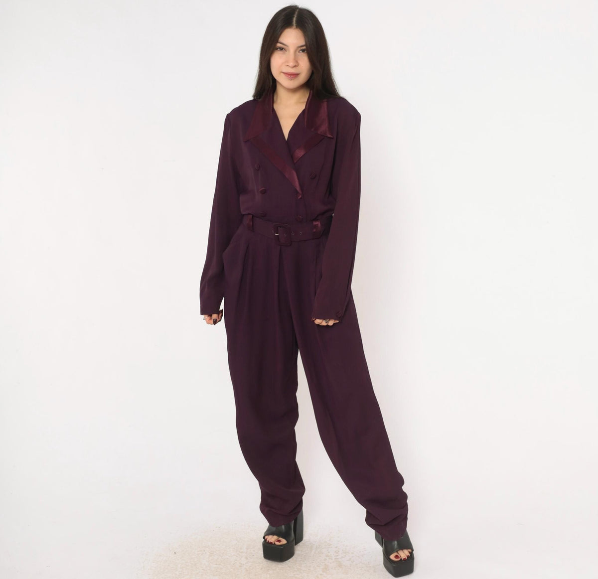 80s Studio I Plum Jumpsuit Double Breasted Satin Collar Belted Small