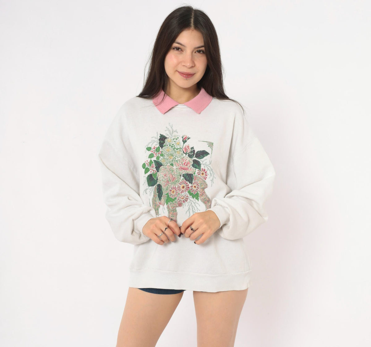 90s Morning Sun Floral Sweatshirt Pink Roses Off White Raglan Large L