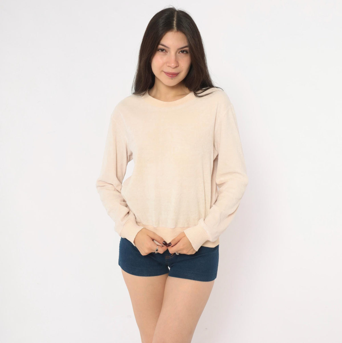80s St Martine Velour Sweatshirt Cream Blush Pink Ribbed Crew Pullover Medium